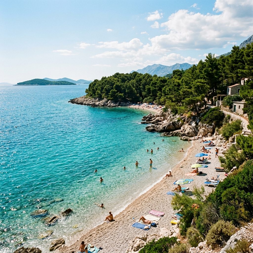 Pine-shaded beach cove near Split with clear Adriatic water