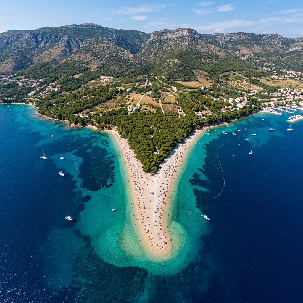 Zlatni Rat golden horn beach on Brač island from above