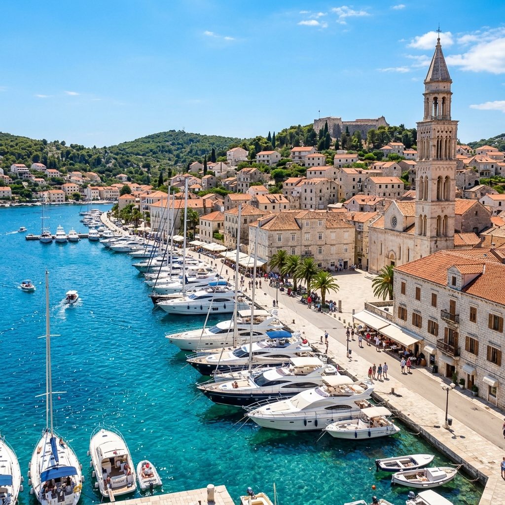 Hvar town harbour with yachts and Venetian architecture
