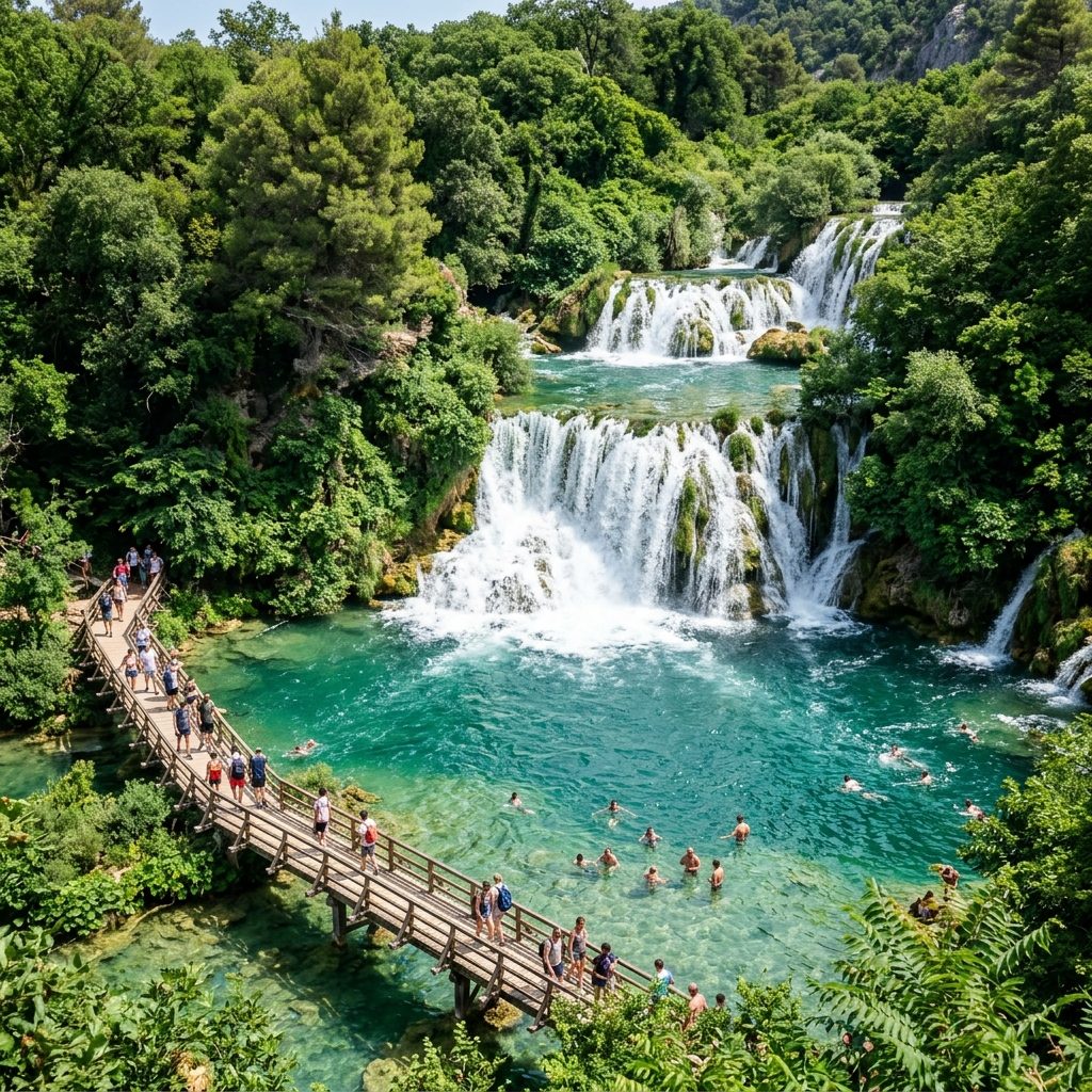 Krka waterfalls cascading over travertine in the national park