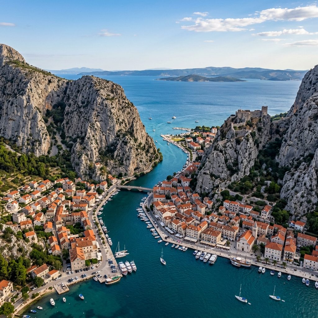 Omiš town at the mouth of the Cetina river canyon