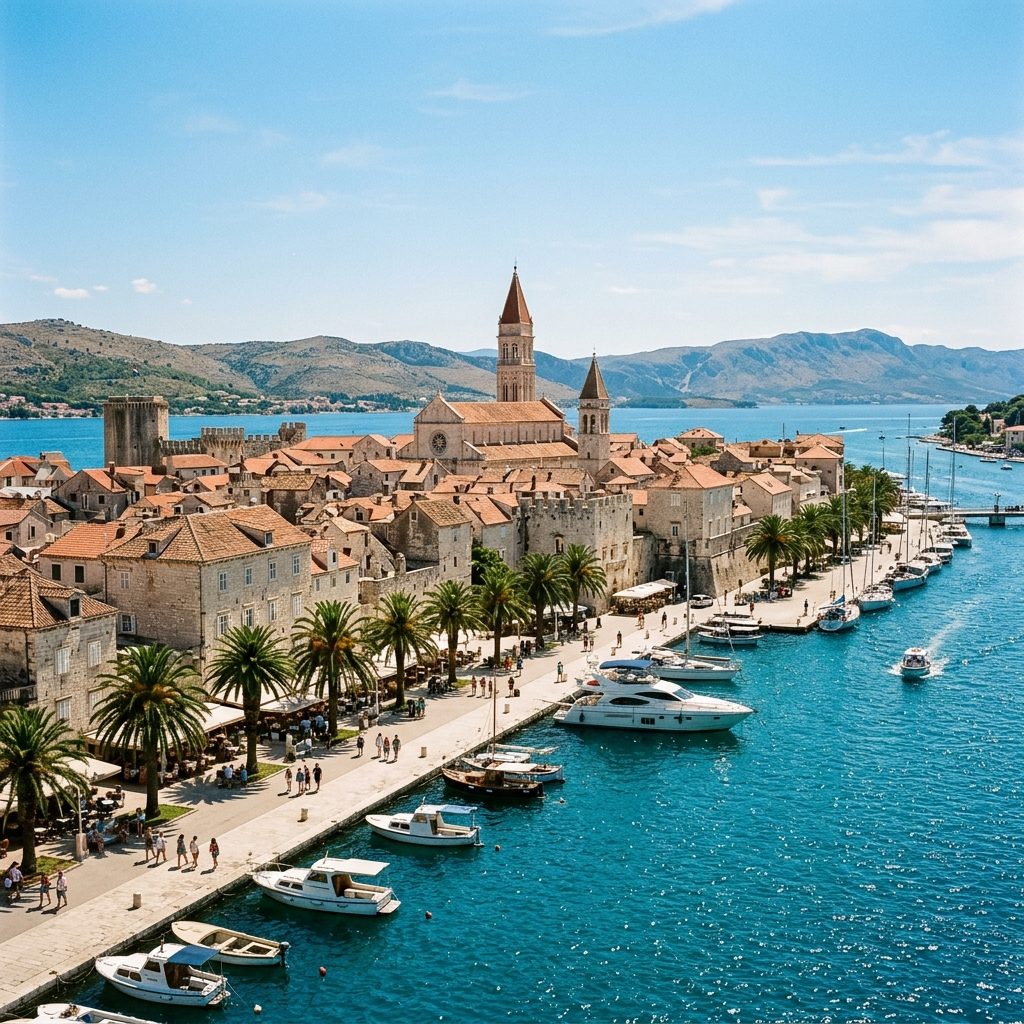 Trogir old town waterfront with medieval stone buildings